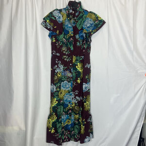 Tuckernuck Oxblood Verdant Alice Dress XS Floral Ruffles Merlot Preppy Classic